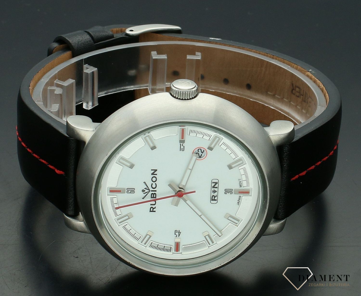 Zegarek męski na skórzanym pasku Rubicon RNAC71 black white red (2).jpg